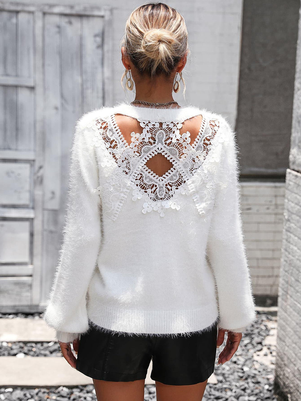 Lace Detail Cutout Long Sleeve Pullover Sweater - Trendsi