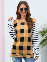 Plaid Striped Round Neck Long Sleeve T-Shirt - Trendsi - Flyclothing LLC