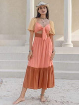 Color Block Tie Front Smocked Midi Dress - Trendsi - Flyclothing LLC