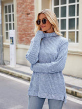 Ribbed Turtleneck Long Sleeve Slit Knit Top - Trendsi - Flyclothing LLC