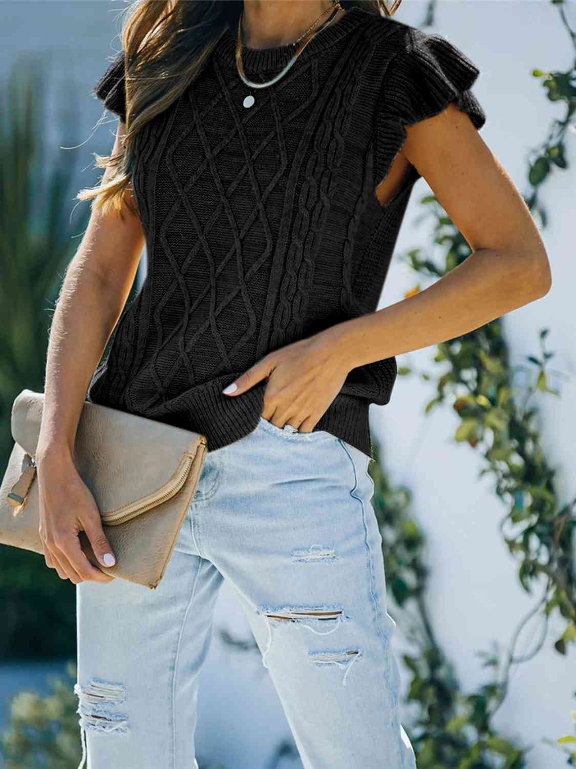 Round Neck Cap Sleeve Sweater - Trendsi - Flyclothing LLC