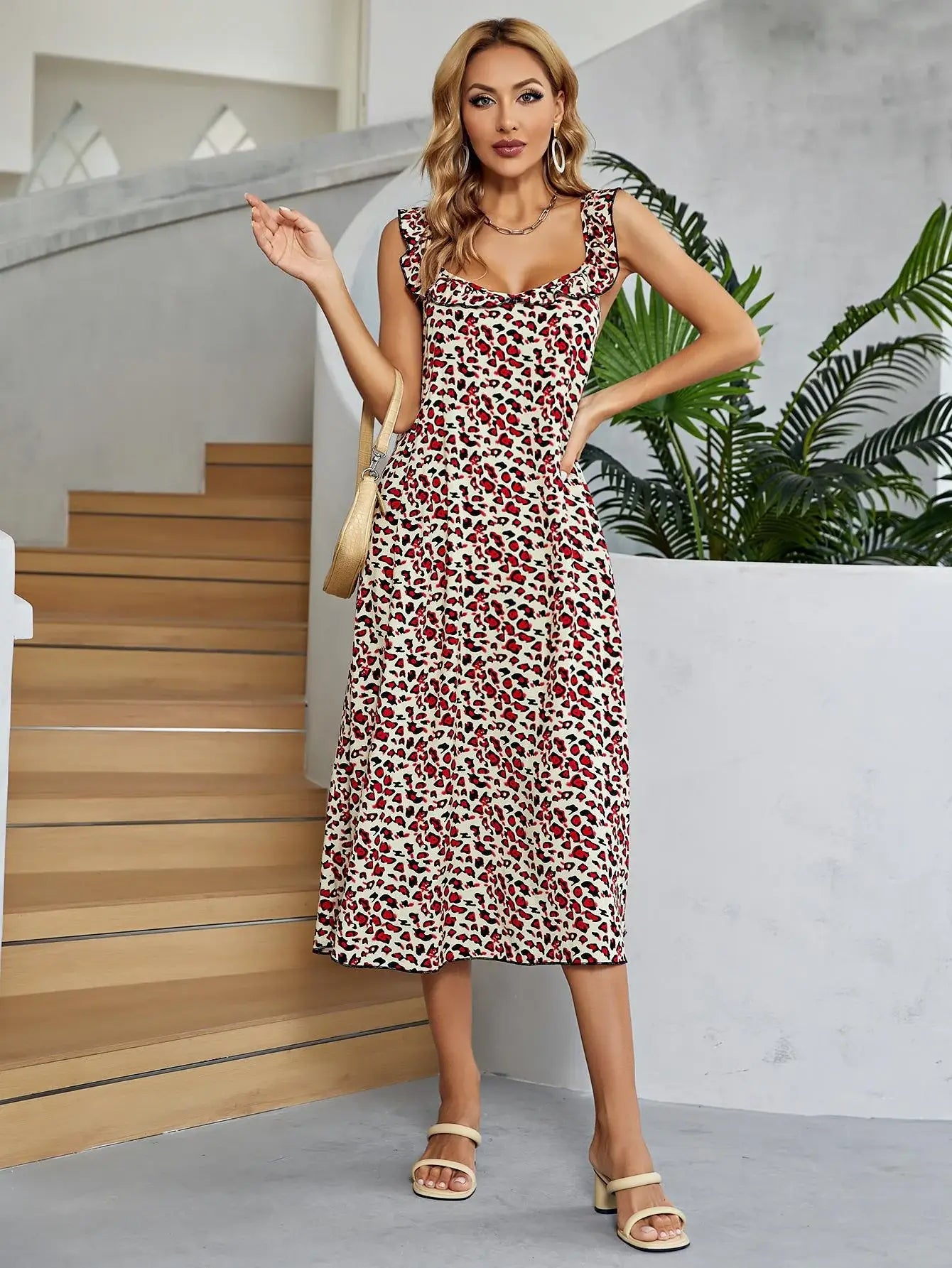 Printed Ruffled Sleeveless Midi Dress - Trendsi - Flyclothing LLC