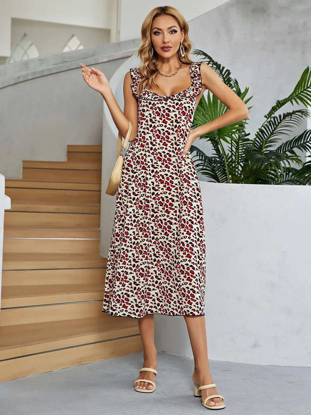 Printed Ruffled Sleeveless Midi Dress - Trendsi - Flyclothing LLC