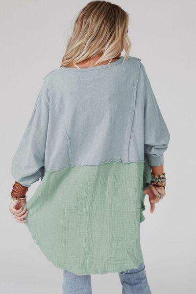 Contrast Texture Round Neck Long Sleeve Blouse - Trendsi - Flyclothing LLC