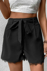 Tie Belt Lace Trim Shorts - Trendsi - Flyclothing LLC