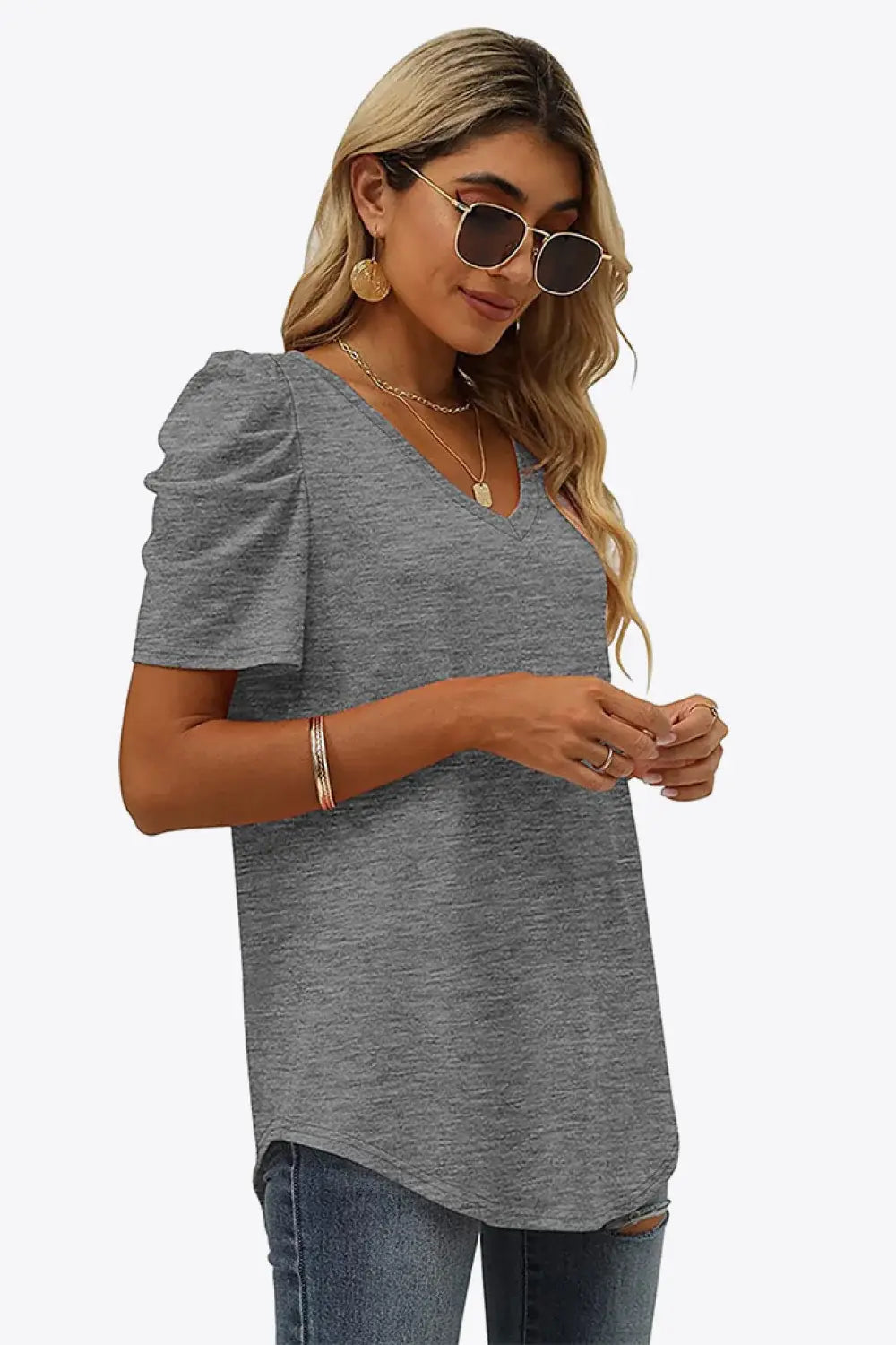 V-Neck Puff Sleeve Tee - Trendsi - Flyclothing LLC