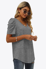 V-Neck Puff Sleeve Tee - Trendsi - Flyclothing LLC