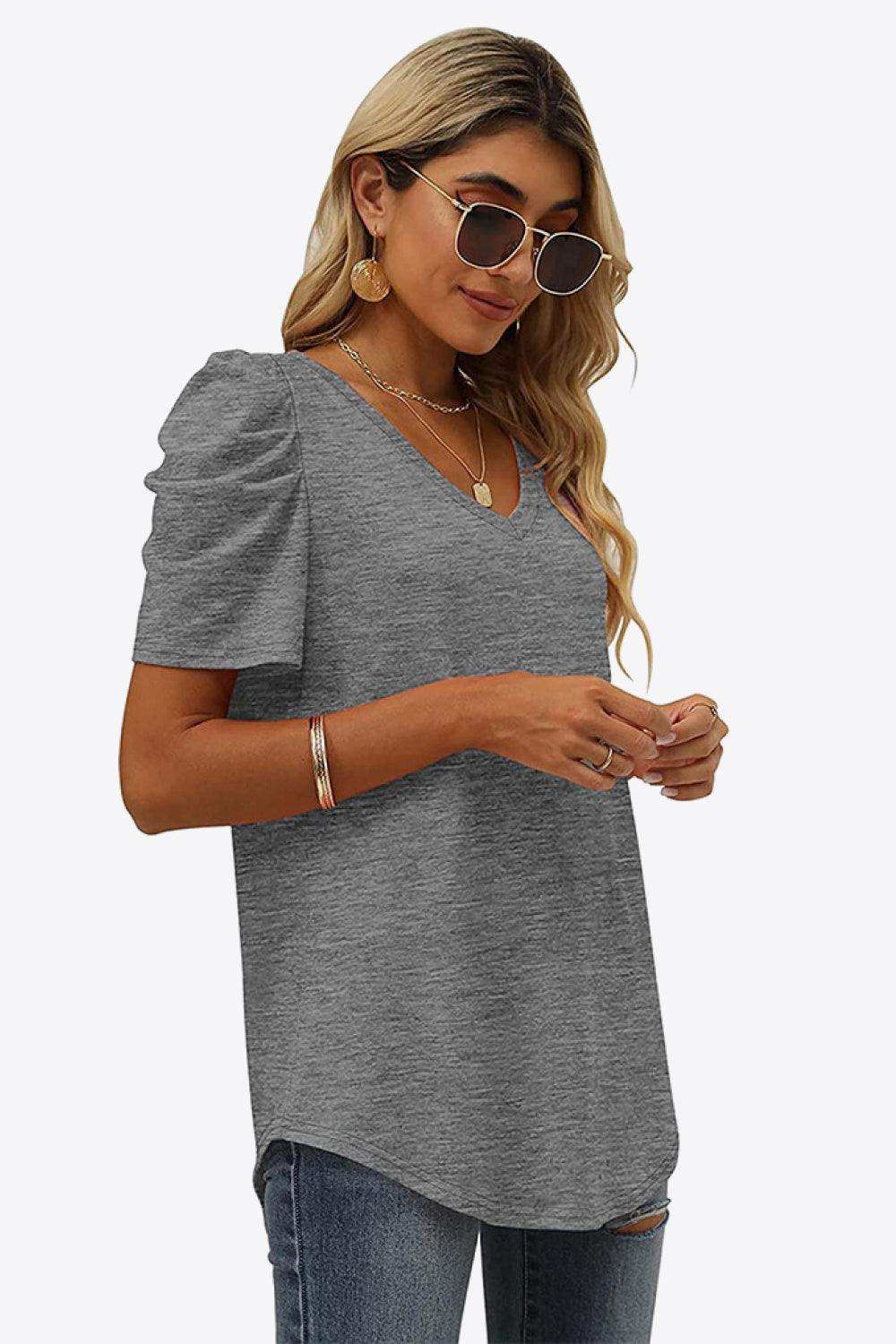 V-Neck Puff Sleeve Tee - Trendsi - Flyclothing LLC