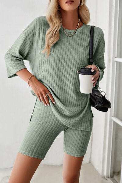 Ribbed Round Neck Top and Shorts Set - Trendsi - Flyclothing LLC