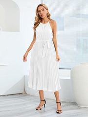 Pleated Spaghetti Strap Tie Waist Midi Dress - Trendsi