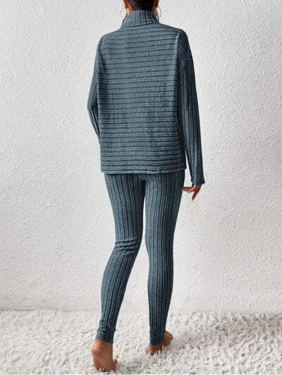 Ribbed Turtleneck Top and Pants Set - Trendsi - Flyclothing LLC
