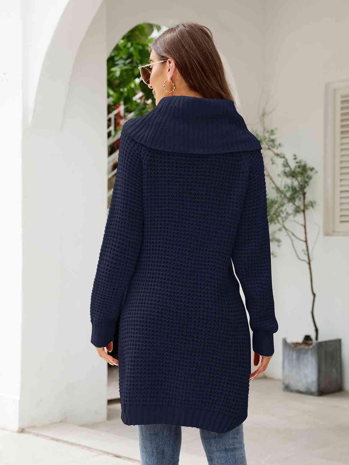 Turtleneck Waffle-Knit Slit Sweater Dress - Trendsi - Flyclothing LLC