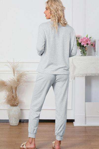 Round Neck Top and Drawstring Pants Lounge Set - Trendsi - Flyclothing LLC