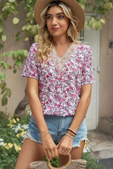 Floral V-Neck Short Sleeve T-Shirt - Trendsi - Flyclothing LLC