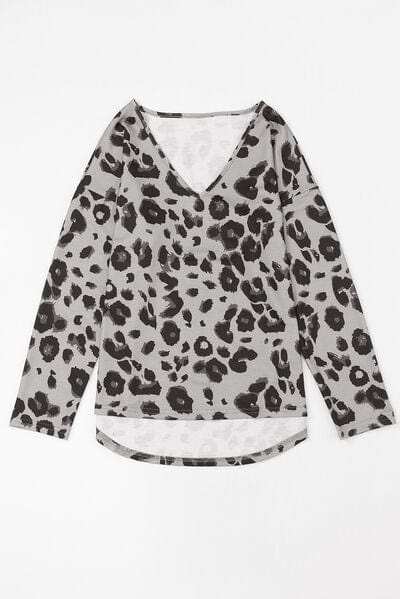 Leopard V-Neck Dropped Shoulder Blouse - Trendsi - Flyclothing LLC