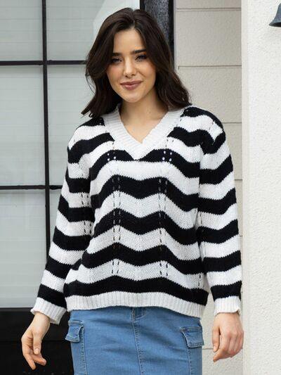 Openwork Striped V-Neck Sweater - Trendsi