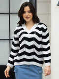 Openwork Striped V-Neck Sweater - Trendsi