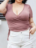 Plus Size Ruched Tied Surplice Blouse - Trendsi - Flyclothing LLC