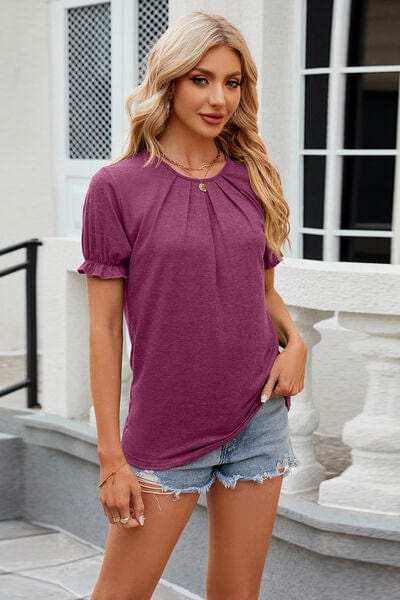 Round Neck Flounce Sleeve T-Shirt - Trendsi - Flyclothing LLC