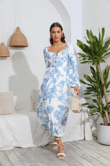 Floral Tie Front Sweetheart Neck Midi Dress - Flyclothing LLC