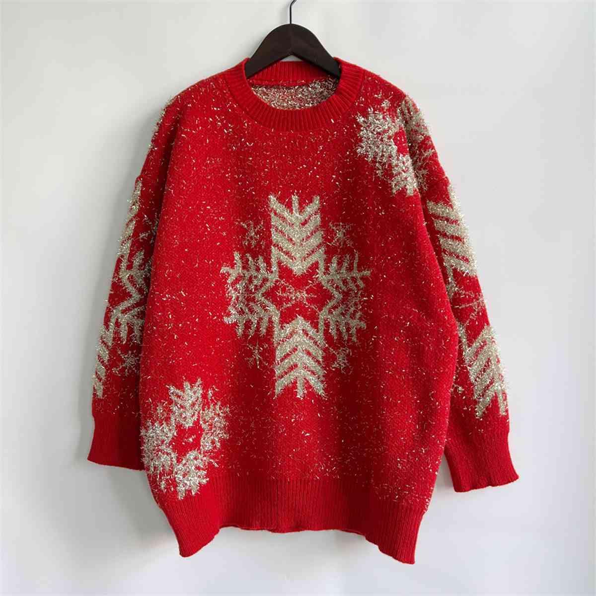 Snowflake Pattern Long Sleeve Sweater - Trendsi