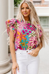 Floral Print Round Neck Flutter Sleeve Blouse - Trendsi - Flyclothing LLC