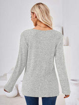 Ribbed Buttoned Round Neck Slit T-Shirt - Trendsi - Flyclothing LLC
