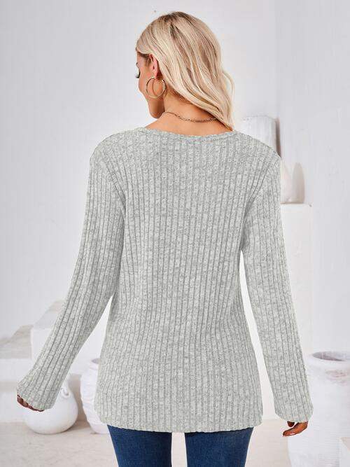Ribbed Buttoned Round Neck Slit T-Shirt - Trendsi - Flyclothing LLC