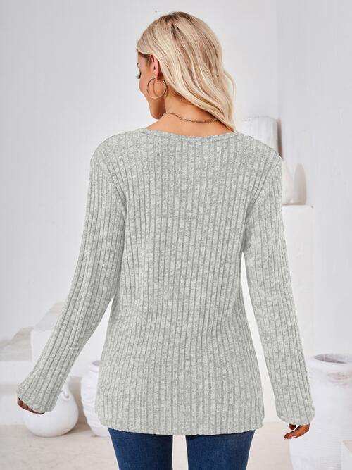 Ribbed Buttoned Round Neck Slit T-Shirt - Trendsi - Flyclothing LLC