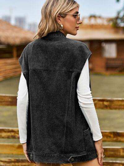 Button Up Collared Neck Sleeveless Denim Jacket - Trendsi - Flyclothing LLC