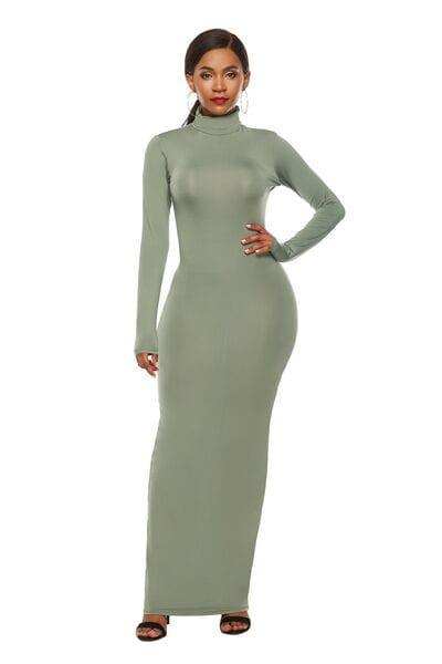 Mock Neck Long Sleeve Maxi Slim Dress - Trendsi - Flyclothing LLC