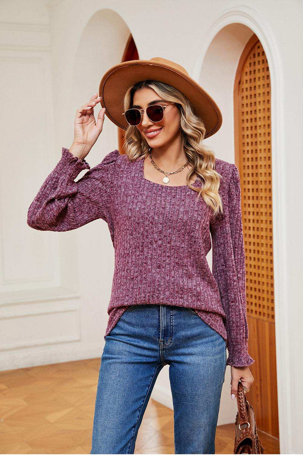 Square Neck Puff Sleeve Top - Trendsi - Flyclothing LLC