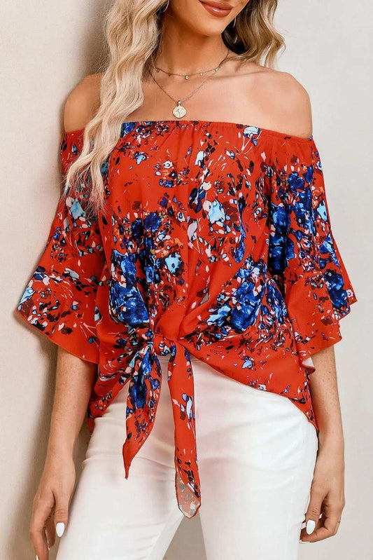 Tied Printed Off-Shoulder Half Sleeve Blouse - Trendsi - Flyclothing LLC
