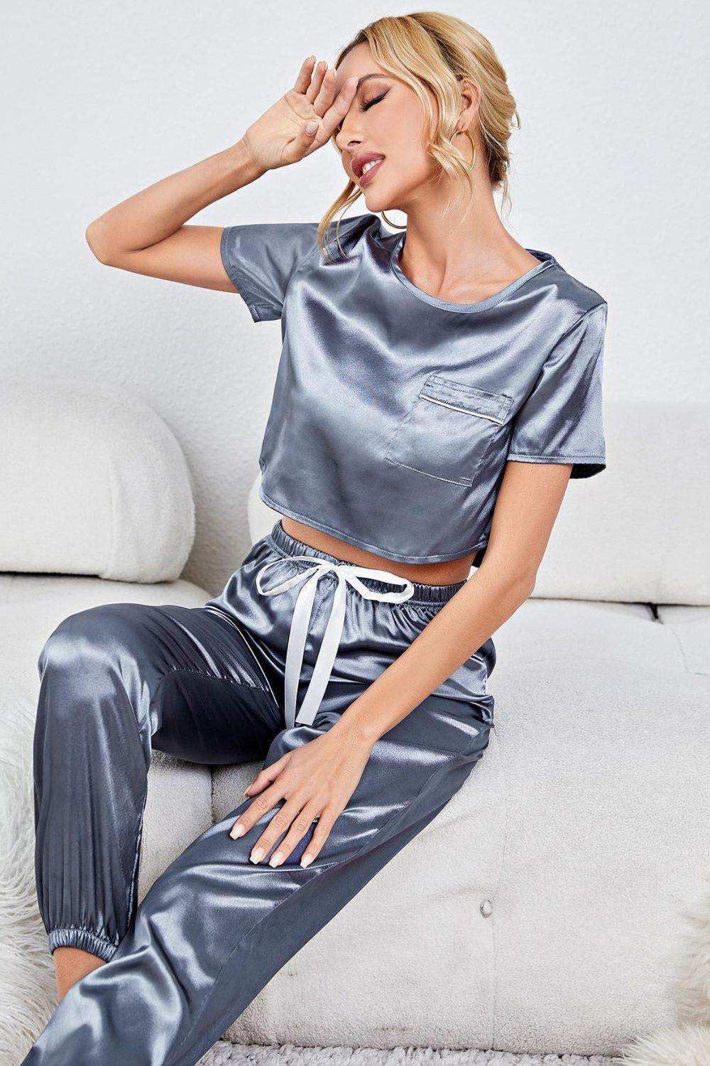 Satin Short Sleeve Crop Top and Joggers Lounge Set - Trendsi - Flyclothing LLC