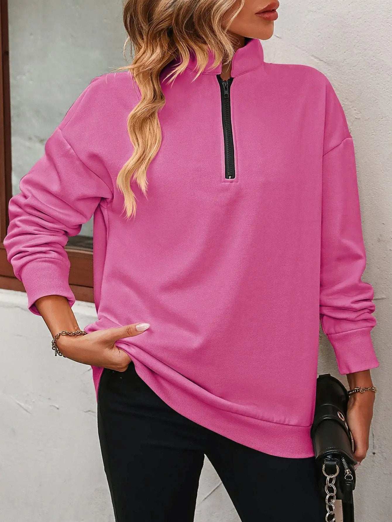 Zip-Up Dropped Shoulder Sweatshirt - Trendsi - Flyclothing LLC