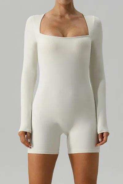 Square Neck Long Sleeve Active Romper - Trendsi - Flyclothing LLC