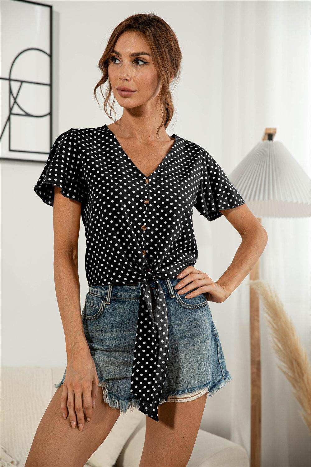 Decorative Button V-Neck Tied Blouse - Trendsi - Flyclothing LLC