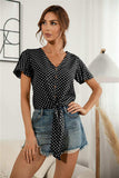 Decorative Button V-Neck Tied Blouse - Trendsi - Flyclothing LLC