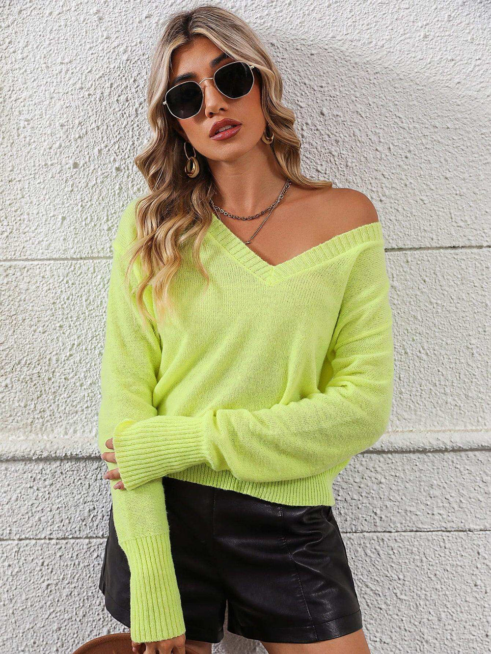 V-Neck Dropped Shoulder Long Sleeve Knit Top - Trendsi - Flyclothing LLC