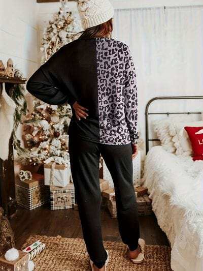 Leopard Round Neck Sweatshirt and Pants Lounge Set - Trendsi - Flyclothing LLC