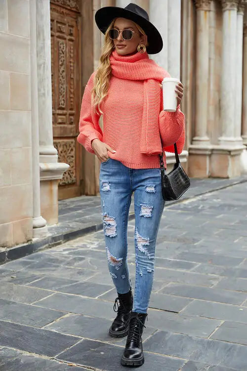 Round Neck Lantern Sleeve Sweater - Trendsi - Flyclothing LLC