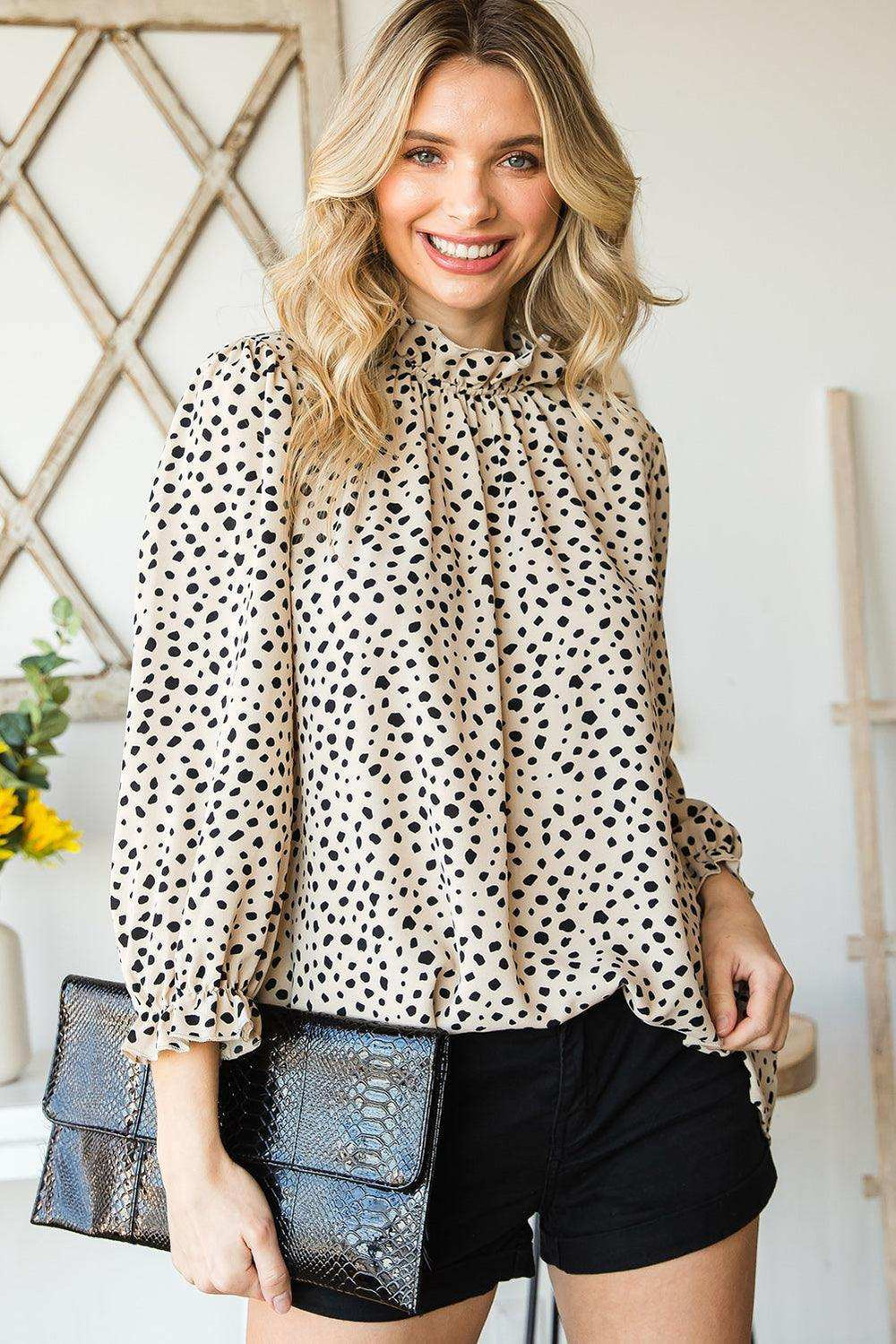 Animal Print Ruffle Collar Flounce Sleeve Blouse - Trendsi - Flyclothing LLC