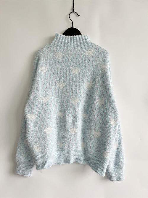 Heart Heathered Turtleneck Drop Shoulder Sweater - Trendsi - Flyclothing LLC