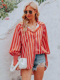 Striped Collared Neck Lantern Sleeve Shirt - Trendsi - Flyclothing LLC