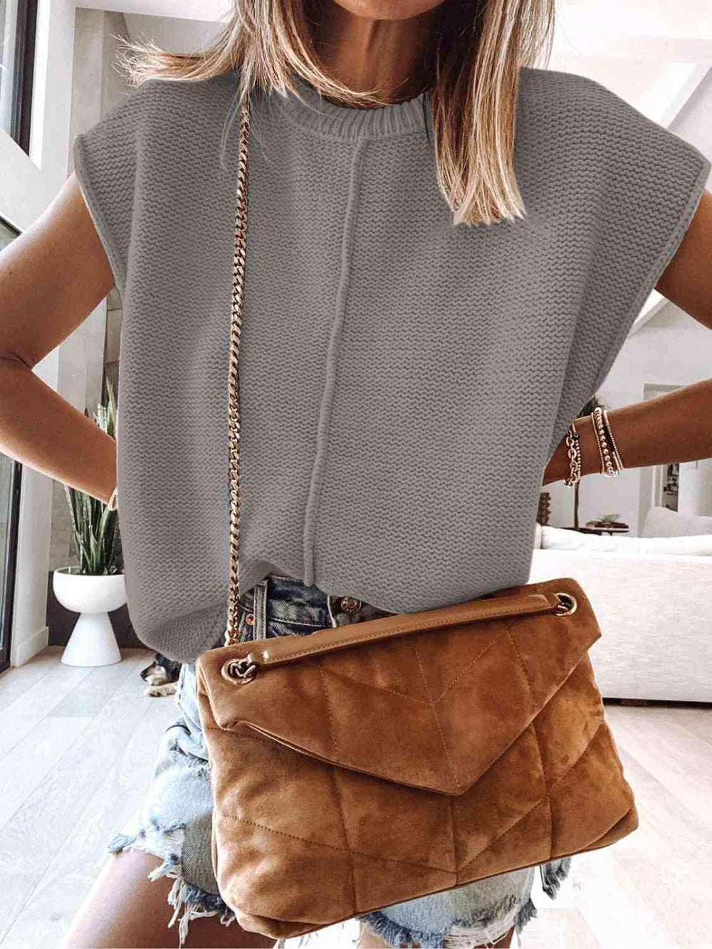 Cap Sleeve Sweater Vest - Trendsi - Flyclothing LLC
