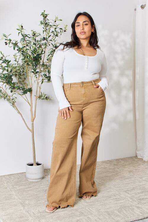 RISEN Full Size Fringe Hem Wide Leg Jeans - Trendsi - Flyclothing LLC