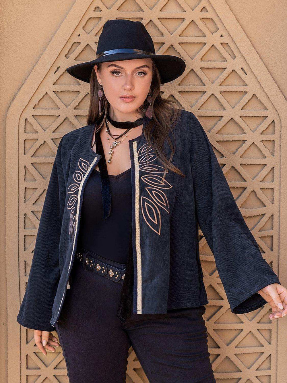 Plus Size Embroidered Open Front Jacket - Trendsi - Flyclothing LLC