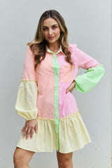 Davi & Dani Flying Colors Full Size Colorblock Long Sleeve Shirt Dress - Trendsi