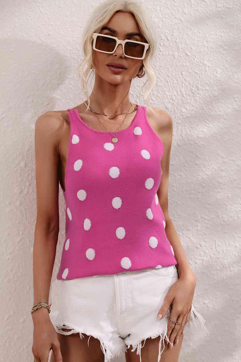 Polka Dot Round Neck Knit Tank - Trendsi