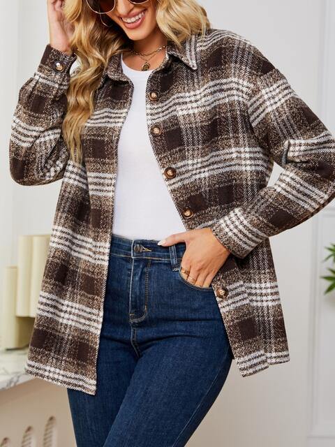Plaid Collared Shirt Jacket - Trendsi